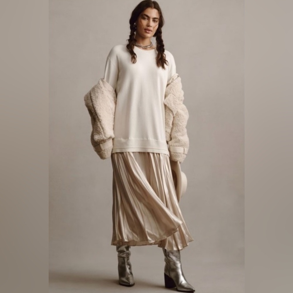 Anthropologie Ivory Long-Sleeve Pleated Twofer Sweater Maxi Dress size L Preppy